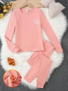 少女粉色圆领长袖和裤子针织舒适柔软弹力面料心形印花设计时尚休闲两件套家居服套装 - 粉色 - 查看 5