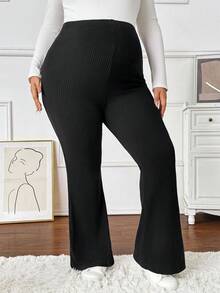 SHEIN Autumn And Winter Plus Size Maternity Solid Color Adjustable Waist Casual Flared Thermal Lined Pants, Autumn/Winter Flare Pants Maternity Pants Plus Size Flare Pants Maternity Clothes Pregnancy Pants