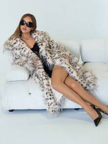SHEIN ICON Women's Faux Fur Coat, Mid-Length Leopard Print Fluffy, Sexy Silhouette For Autumn/Winter - Multicolor - View 5