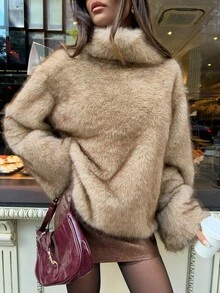 Aloruh 女士休闲保暖高领仿皮草外套，秋冬季，套头仿皮草连帽衫，卡其色仿皮草上衣，纯色长袖套头夹克，复古千禧风，街头风，商务休闲女装，通勤外套，办公室着装，女士工作服，女士秋季穿搭，秋季服装 - 灰色 - 查看 5