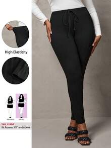 SHEIN Tall CURVE سراويل ضيقة بلون أحادي من الأنسجة المحبوكة المرنة، مناسبة للخريف والشتاء - الأسود - مشاهدة 1