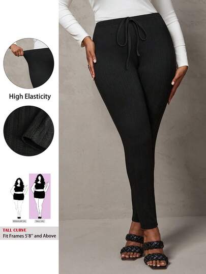 SHEIN Tall CURVE Plus Size Tight Pants Solid Color Ribbed Knit Leggings, Suitable For Autumn And Winter