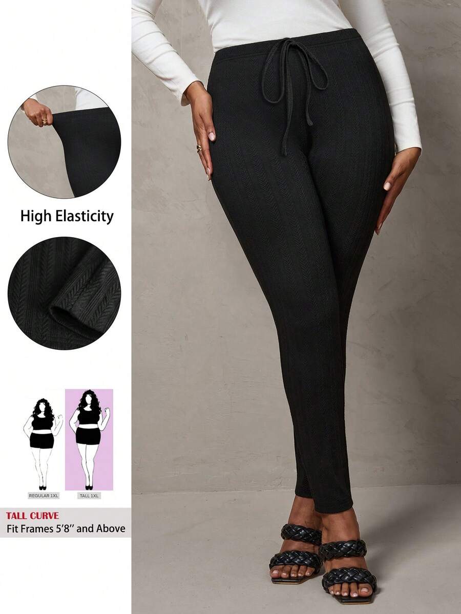SHEIN Tall CURVE سراويل ضيقة بلون أحادي من الأنسجة المحبوكة المرنة، مناسبة للخريف والشتاء - الأسود - مشاهدة 1