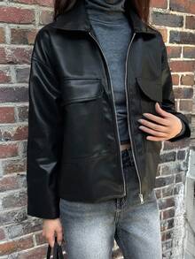 DAZY Women's Casual Solid Color PU Jacket, Autumn