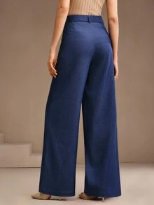 Anewsta Pantalones rectos sueltos de unicolor para mujer con bolsillos, adecuados para el trabajo y el transporte en invierno - Azul - Ver 4