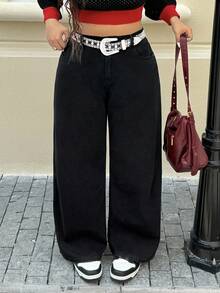 SHEIN ICON Plus Size Women Loose Casual Versatile Denim Wide Leg Pants
