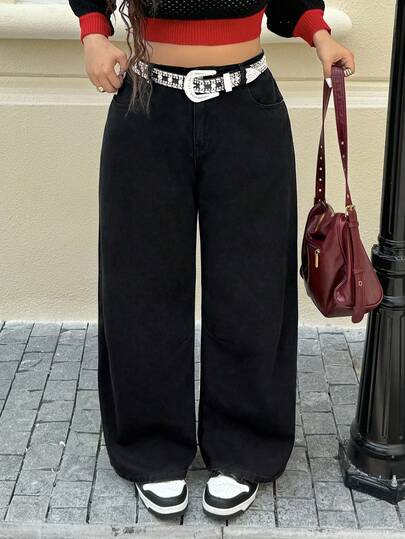 SHEIN ICON Plus Size Women Loose Casual Versatile Denim Wide Leg Pants