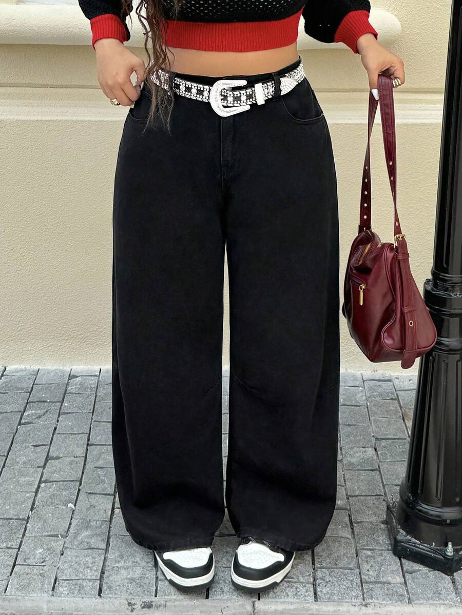 SHEIN ICON Plus Size Women Loose Casual Versatile Denim Wide Leg Pants