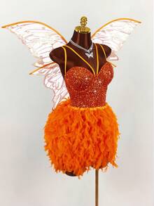 Amplova 大码女式万圣节精灵角色扮演亮片羽毛装饰连衣裙 - 橘色 - 查看 9