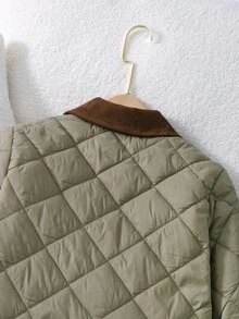 SHEIN 1 件女童菱形灯芯绒拼布领复古棉服外套，适合秋冬季 - 軍綠色 - 查看 4