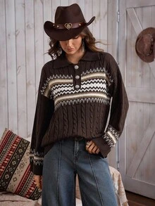 女式复古费尔岛麻花领扭纹西部风水钻纽扣针织 Polo 衫，LanaWest - 棕色 - 查看 4