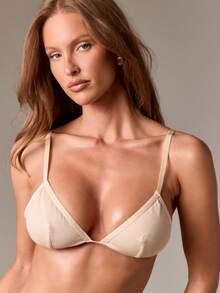 AiiRZ Conjunto de sujetador triangular y tanga de punto acanalado con tirantes ajustables, tanga brasileña de corte alto, lencería sin costuras y sin acolchado, conjunto de ropa interior de moda moderna de dos piezas - Albaricoque - Ver 4