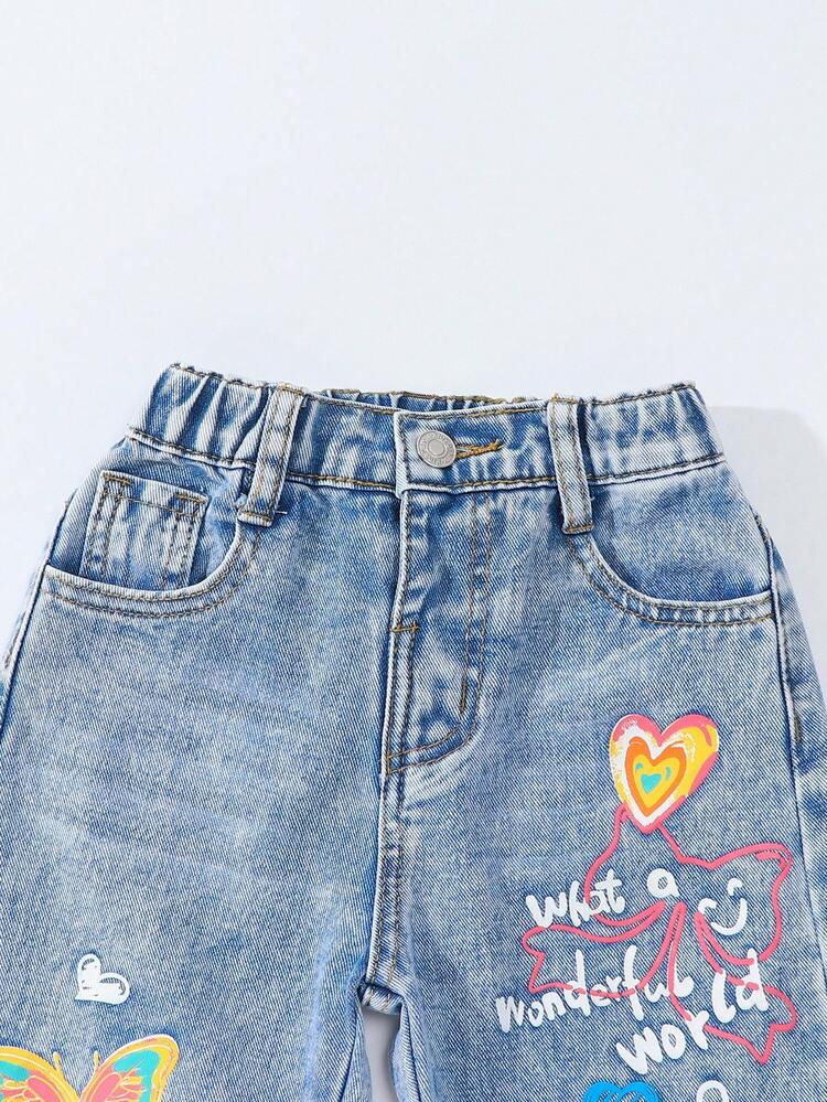 Denimly Young 女童休闲都市浅色水洗牛仔锥形裤，蝴蝶、心形和英文字母印花，松紧腰带和纽扣开合 - 深色水洗藍 - 查看 5