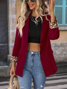 EMERY ROSE Women's Casual Blazer Jacket With Leopard Print Cuffs And Single-Breasted Closure, Autumn - Burgundy - View 1
