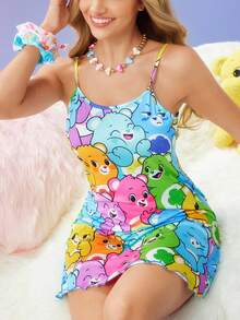 SweetSlumber X Carebears 女式可爱卡通熊全身印花生菜边修身吊带睡裙，夏季 - 彩色 - 查看 5