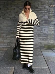 DAZY Women's Casual Loose Contrast Striped Half-Placket Sweater Dress, Autumn - Beige - View 1