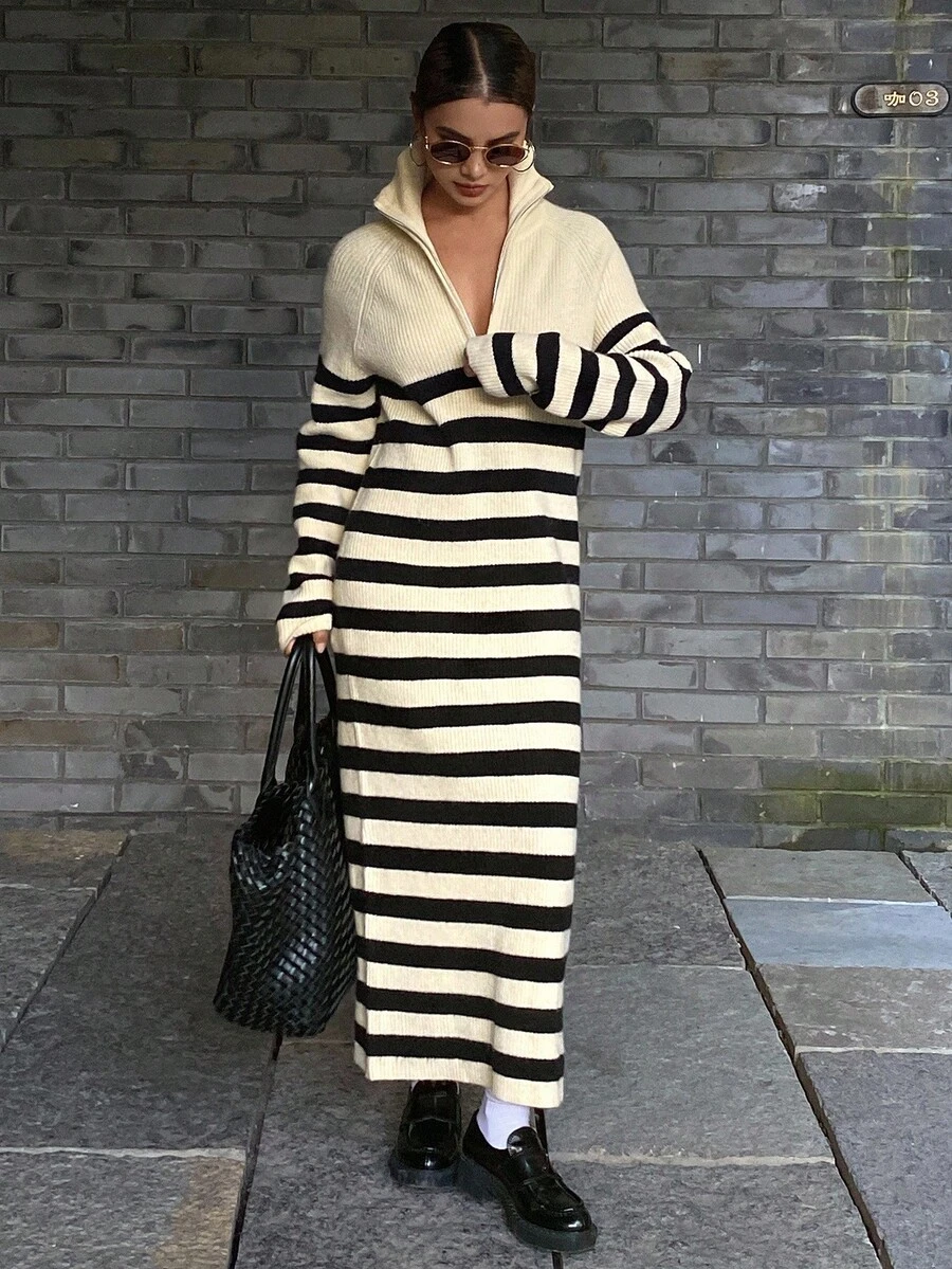 DAZY Women's Casual Loose Contrast Striped Half-Placket Sweater Dress, Autumn - Beige - View 1