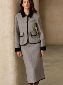 Aveloria Rosie 2件套粗花呢和天鹅绒拼布复古通勤中长裙套装 - 彩色 - 查看 4