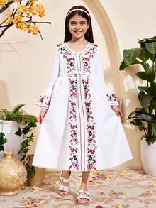 少女花卉印花灯笼袖 V 领束腰长裙