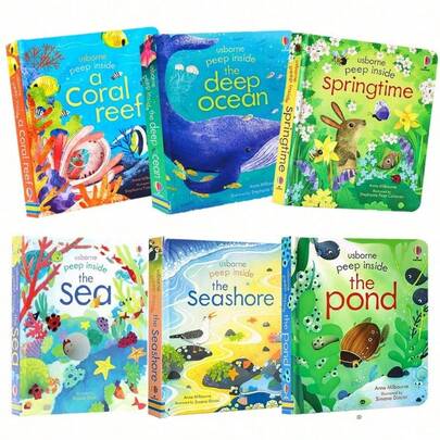 SHEIN 1 件窥视海岸深处 | 深海 | 珊瑚礁 | 池塘 | 大海 | 春天纸板书 - Usborne 翻翻书 | 互动教育书 | 3D 翻书图画书，适合 3-6 岁幼儿初级读者 | 学龄前启蒙幼儿书籍 | 睡前阅读游戏