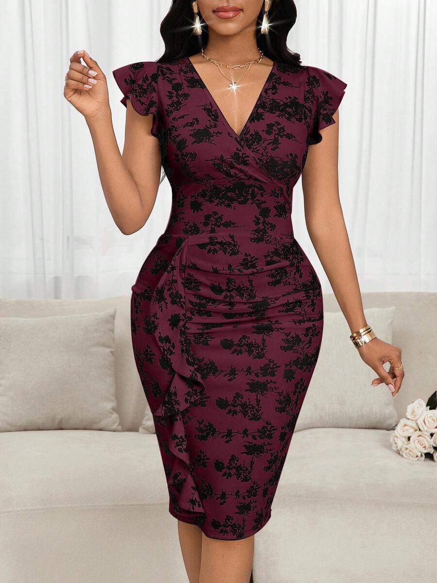 SHEIN Lady 女式 V 领花卉印花荷叶边优雅中长连衣裙女士连衣裙中长连衣裙女士服装连衣裙 - 酒紅色 - 查看 1