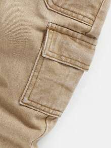 SHEIN Playful Pals 男婴休闲卡其色水洗牛仔工装裤，松紧腰带抽绳，时尚街头时尚，婴儿必备单品，适合日常出游的简约牛仔裤，秋季新品 - 卡其色 - 查看 4