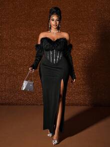 Maweii Vestido de hombros descubiertos para mujer de talla grande, con adorno de peluche sintético y rhinestones, abertura sexy, elegante para fiesta, cumpleaños, uso diario, color negro - Negro - Ver 5