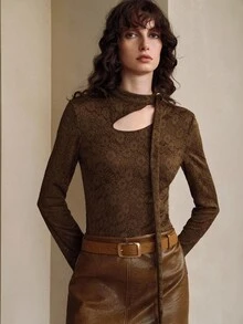 SHEIN LUNE Brown Floral Elegant Knitted Lace Mesh Herbal Embroidery Hollow Out Ribbon Asymmetric Collar Tie Long Sleeve Blouse,Autumn Tea Party Wasteland Style - Chocolate Brown - View 3