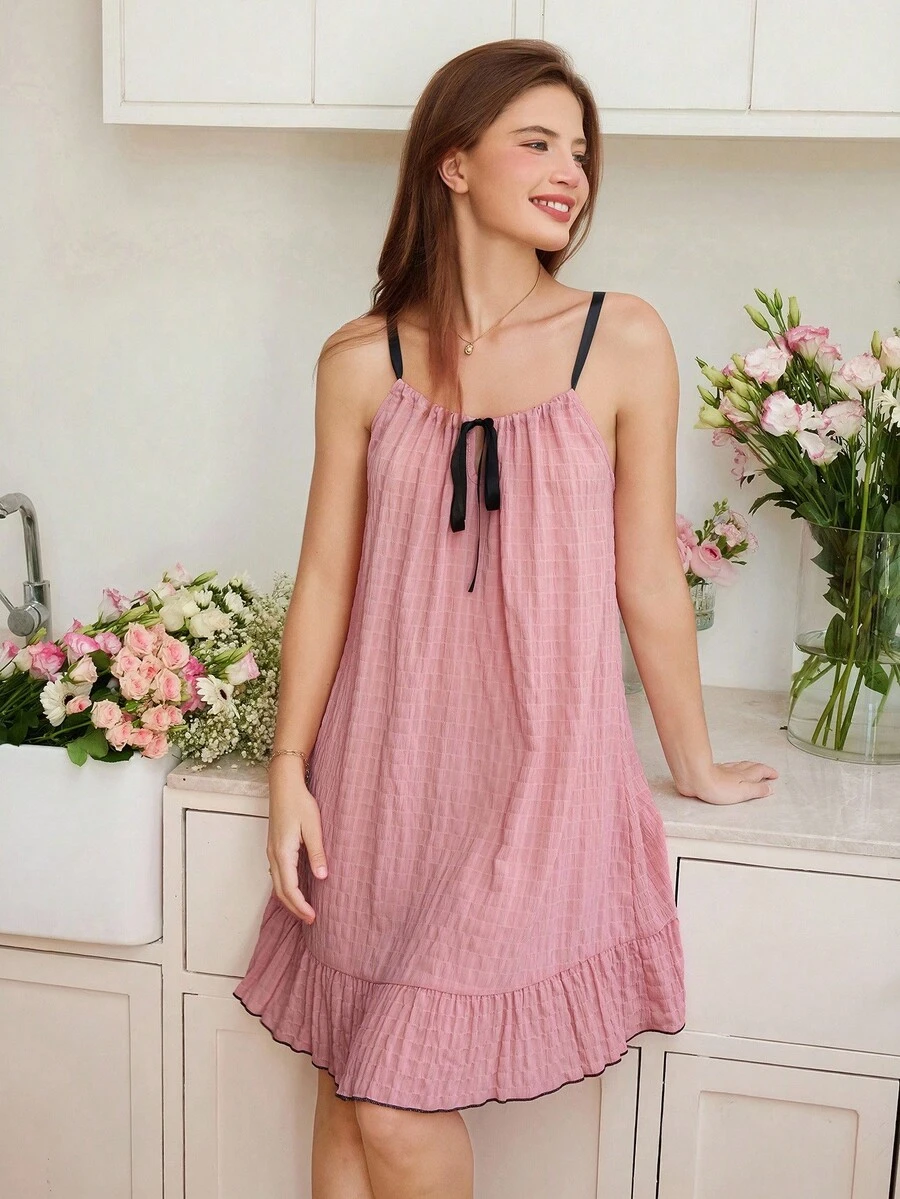 撞色边缘抽绳细肩带荷叶边下摆女士睡裙睡衣裙荷叶边下摆连衣裙休闲夏装女士夏装女士服装夏装娃娃裙 - 粉色 - 查看 1