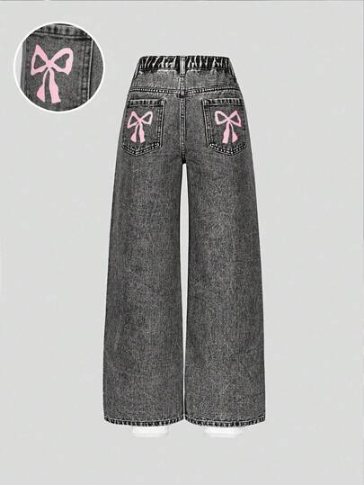 Sparklyn Tween Girls Casual Mode Ljusblå Denimfärgad Fjärilstryck Lösa Vida Ben Avslappnad Passform Bekväm Daglig Mångsidig Skola Casual Tvättade Denimbyxor