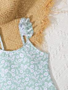 1pc Tween Girl Random Print One-Piece Swimsuit - Dark Green - View 4