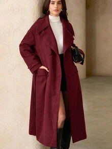 GENKIRA Vintage High-End French Style Lapel Belted Long Coat For Women - Burgundy - View 2