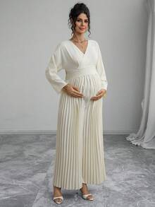 Momance 孕妇连体裤，长袖，V 领，蝴蝶结系带，褶裥裤腿，宽松孕妇裤 - 杏色 - 查看 3