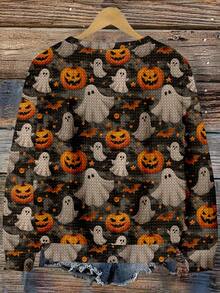 EMERY ROSE Áo nỉ chui đầu cổ tròn tay dài dáng rộng in hình ma, dơi, bí ngô giả Halloween cỡ lớn dành cho nữ, mùa thu/đông - Nhiều màu - Xem 2
