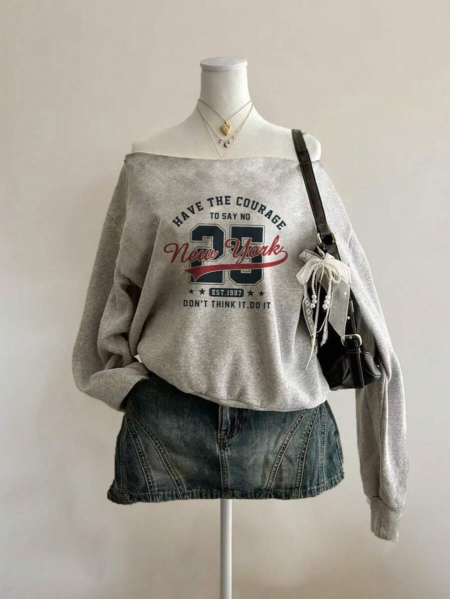 Attitoon Casual Retro College Sports Number & English Print Loose Fit Off Shoulder Long Sleeve Sweatshirt For Women, Comfortable For Autumn/Winter,Fall