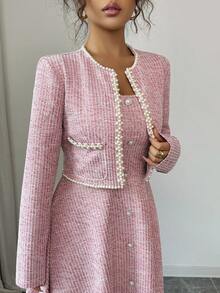 Elenzga 2 件套女士初秋约会装，适合返校，教师装，成熟优雅 OL 通勤商务休闲办公室风格，法式浪漫甜美韩版串珠收腰 A 字中长连衣裙和长袖短外套，粉色 - 粉色 - 查看 4