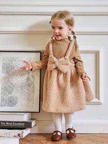 Souflis Souflis 2pcs Baby Girls Casual Ruffled Collar Top And Thick Strap Dress Set, Brown, Autumn/Winter Fall