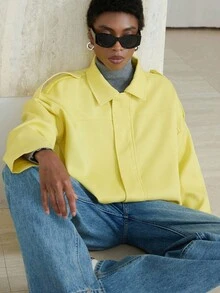 Aveloria Modichic 女式蝙蝠翼领纯色粗花呢通勤时尚飞行员夹克 - 黃色 - 查看 5