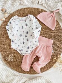 新生儿三件套服装，面料柔软舒适，紫色碎花长袖连体衣，撞色滚边，搭配纯色高腰裤和可爱帽子，秋冬家居服套装 - 彩色 - 查看 9