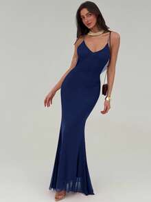 Aloruh Váy maxi lưới dài hở lưng, cổ xếp ly, màu đỏ tía lãng mạn cho ngày lễ tình nhân dành cho nữ - Màu xanh hải quân - Xem 5