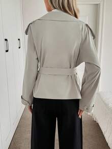 SHEIN LUNE Cappotto da donna grigio chiaro minimalista con revers, spalline e fiocco in vita, elegante giacca formale da ufficio per autunno e inverno, chic colore unito - Grigio - Visualizzare 2
