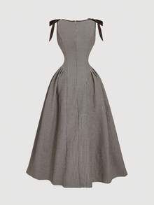 SHEIN MOD 圆领无袖撞色饰边蝴蝶结腰部喇叭格子连衣裙 - 彩色 - 查看 2