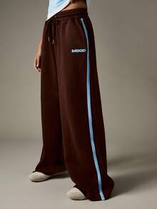 MISSGUIDED Wide Leg Joggers With Side Stripes And Logo Print For Casual Comfort And Style - Brown - View 5