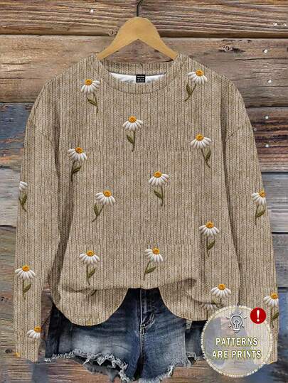 EMERY ROSE סווטשירט לנשים בגזרה מינימליסטית, צווארון עגול, גזרה רחבה, מידות גדולות, בסגנון וינטג', הדפס רקום תלת מימד, מתאים לתחילת הסתיו