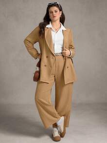 Zelara Plus Size Women's Linen-Like Slub Fabric Solid Color Asymmetrical Collar Long Sleeve Jacket And Pants Suit Set Fall Women Clothes Back To School Homecoming Business Casual Woman Country Concert Outfit Modest Old Money Stockholm Style Office Wear Teacher Outfits For Women Fall Women Clothes Korean Style Business Casual Women Teacher Outfits For Women Homecoming