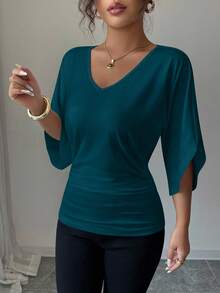 Elenzga Women's Solid Color Batwing Sleeve V-Neck Short Sleeve T-Shirt