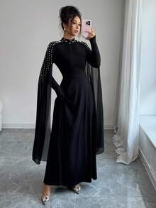 Elenzga 高端奢华中东女士时尚优雅立领百褶连衣裙 - 黑色 - 查看 5