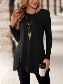 EMERY ROSE 简约纯色休闲圆领长袖女式T恤 - 黑色 - 查看 3