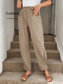 SHEIN LUNE Women's Green Cotton Casual Comfortable Pants With Pockets, Spring/Summer