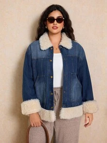 Elaquor Jachetă de catifea albastră din denim pentru mărimi mari, elegantă și călduroasă, franceză, haină casual și călduroasă, ținute de Ziua Recunoștinței, jachetă de zăpadă, haine de Crăciun - Spălare medie - Vizualizare 2